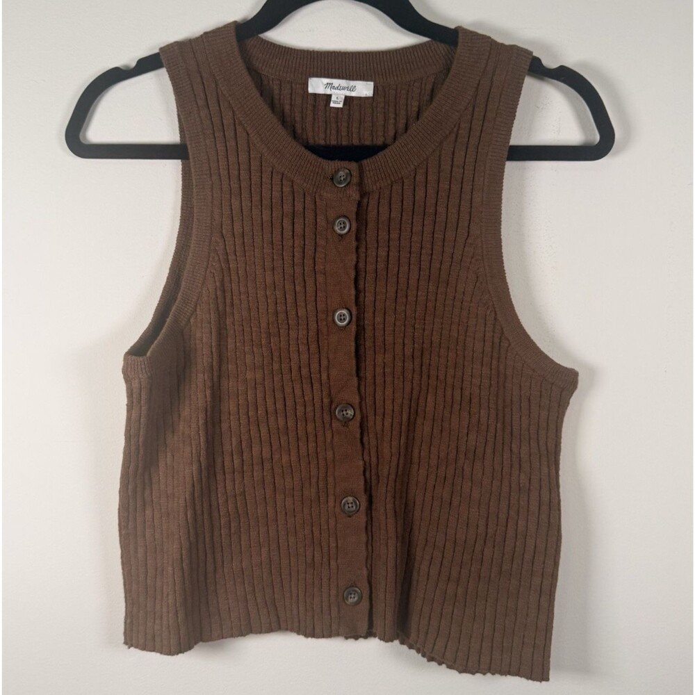 Madewell Womens Brown Rib-Knit V-Neck Sleeveless Button Front Sweater L